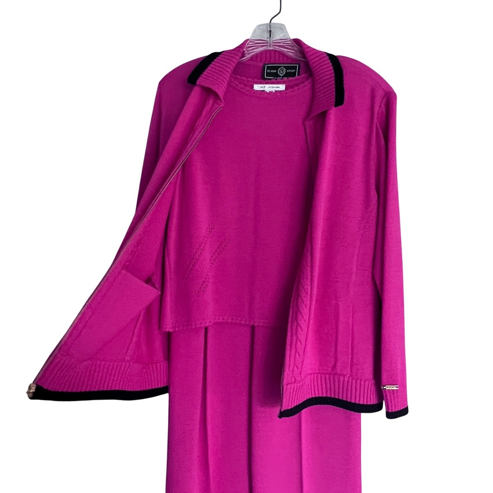 St John Sport Wool Knit 3Pc Set Cardigan/Sweater/Pants Fuchsia Sz Small/Med READ